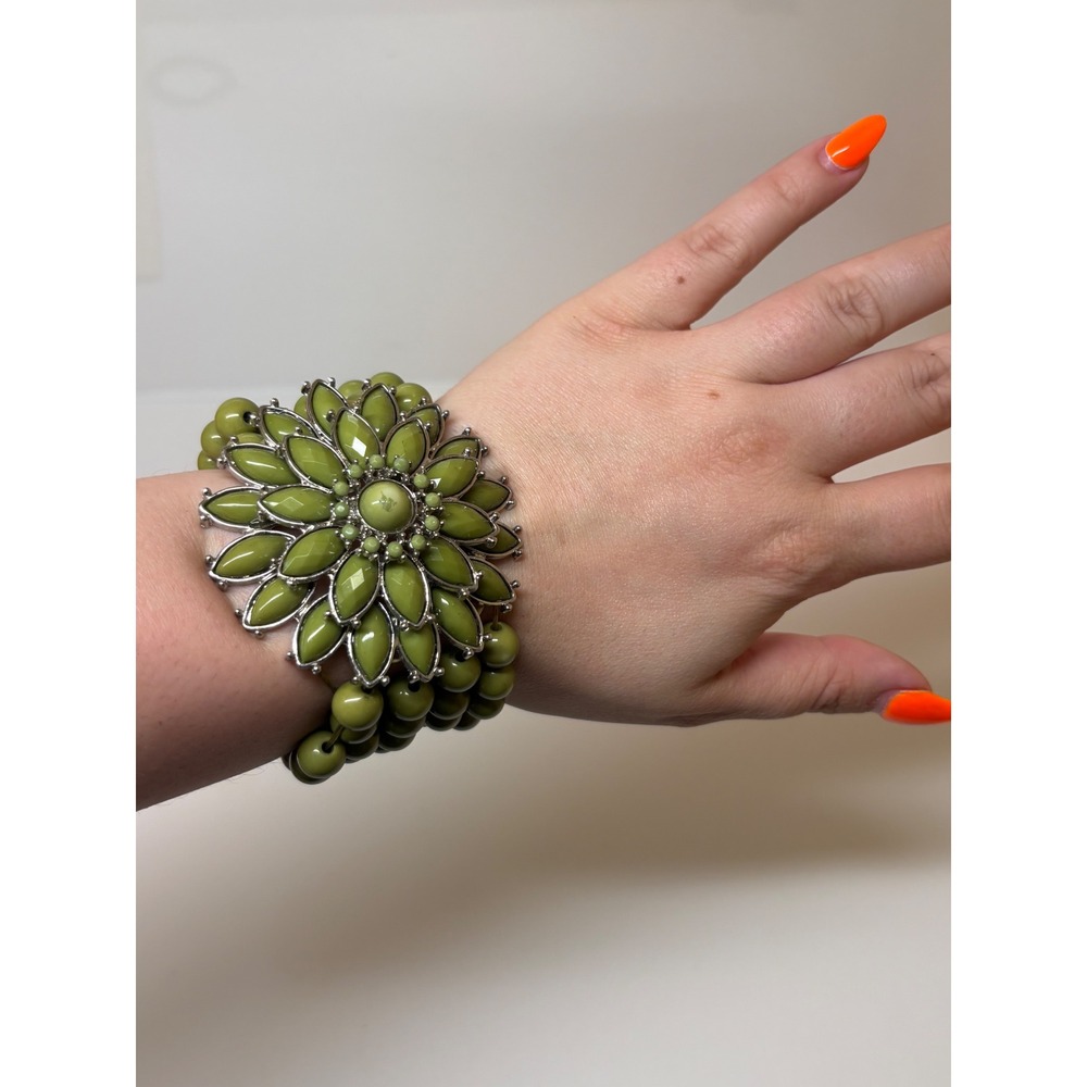 Olive Green Beaded Multi Strand Stretch Bracelet Large Floral Statement